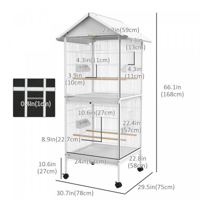 Pawhut Wrought Metal Bird Cage Feeder With Rolling Stand Perches Food Containers Doors Wheels 67\" H, White