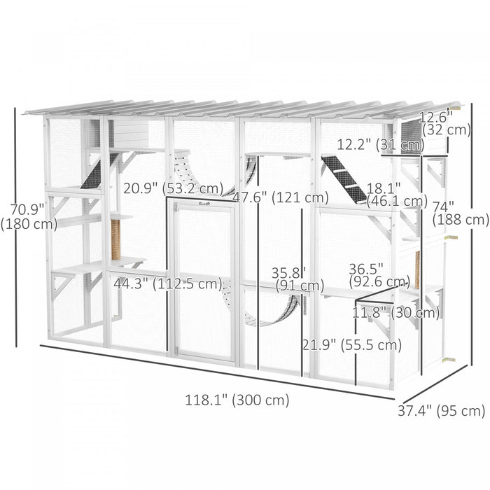 Pawhut Catio, Large Outdoor Cat Enclosure With Cat Condos, Platforms, Ladders, Doors, Weather-resistant Roof, Wooden Cat Cage For 1-4 Cats, White