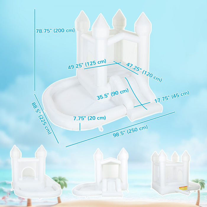 Qaba White Bounce House, 8.2 x 7.4 x 6.6 FT Inflatable Bouncy Castle for Kids with Slide, Ball Pit and 370W Blower, for Indoor Outdoor Birthday Wedding Party Backyard