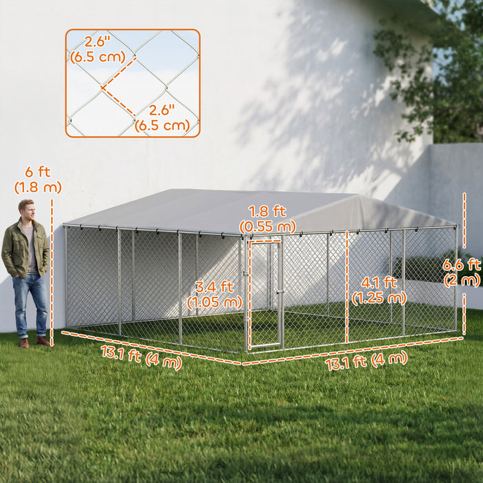 PawHut Outdoor Dog Kennel Dog Run with Waterproof, UV Resistant Cover, Double Secure Locks for Small and Medium Sized Dogs, 13.1' x 13.1' x 6.6', Silver