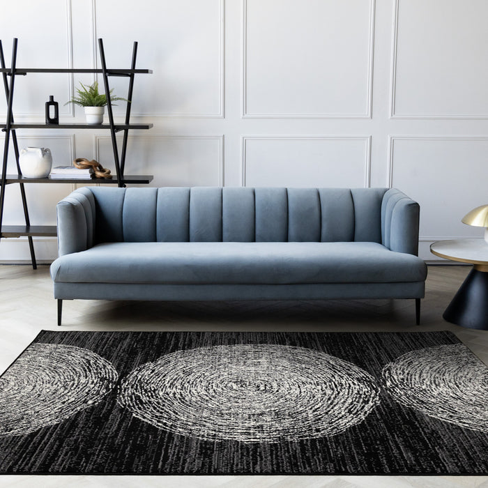Florence Black Grey White Tree Ring Design Rug, 7'9\" x 10'6\" Indoor Area Rug