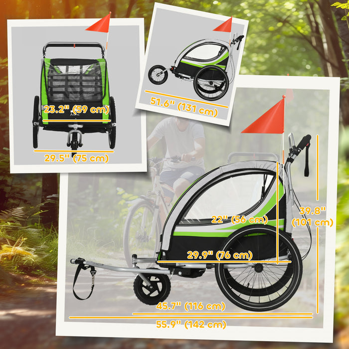 Aosom Baby Bike Trailer for Kids 2 Seater, 3-in-1 Walk/Jog/Ride High-Visibility Bike Stroller for Toddler Wagon, Weather-Strong Double Bicycle Trailer Accessory for Kids, Green