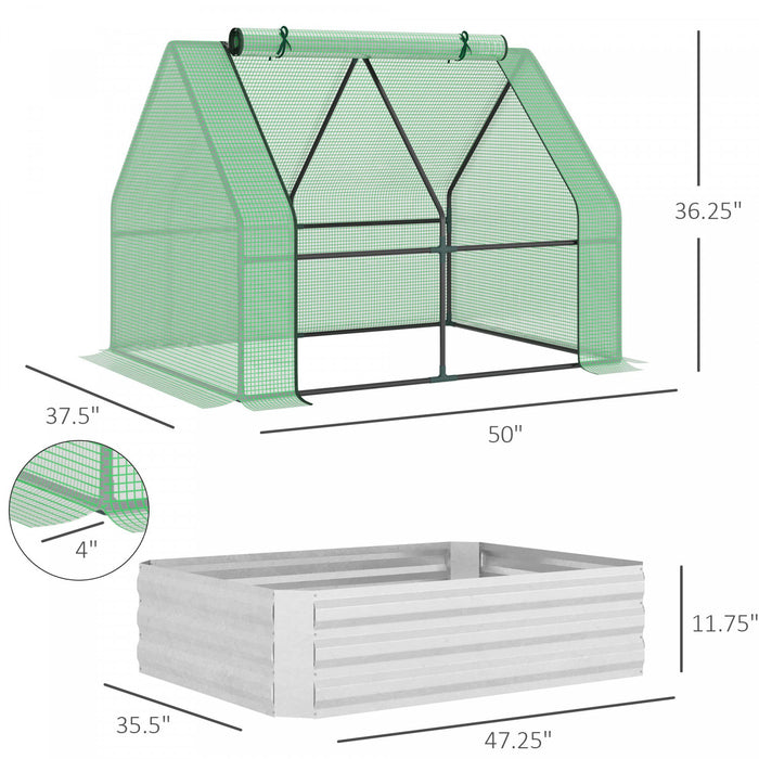 Outsunny Greenhouse With Raised Garden Bed, Steel Outdoor Planter Box With Plastic Cover, Roll Up Door, Dual Use For Flowers, Vegetables, Fruits And Herbs, 50\"x37.4\"x36.2\", Green