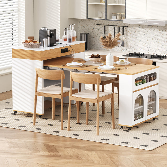 Avery Extendable Dining Table with Rolling Kitchen Island,White