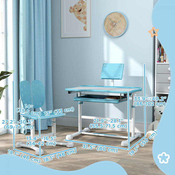 Qaba Kids Desk And Chair Set, Height Adjustable Kids Study Table And Chair Set With Tilt Desktop, Large Writing Board, Storage Drawer, Book Stand For 3-12 Years, Blue