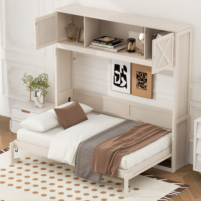 Ethan Solid Wood Murphy Bed with Storage Cabinets,Full Size,Beige Full Bed