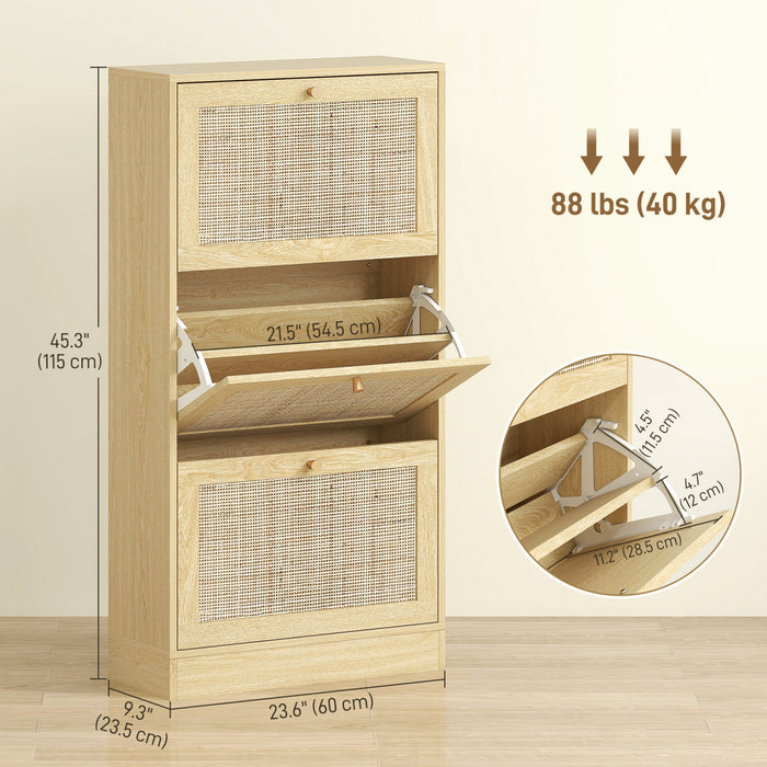 HOMCOM Rattan Shoe Storage Cabinet Organizer with 3 Flip Drawers, Oak