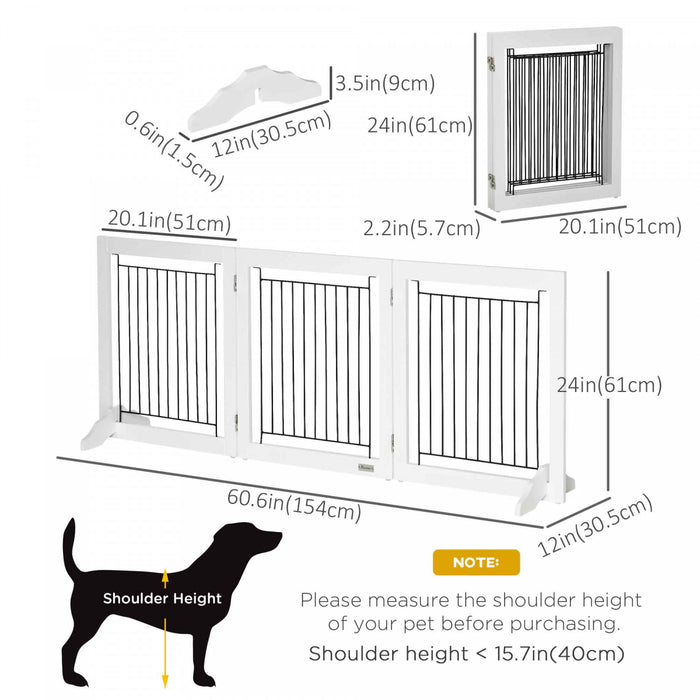 Pawhut Freestanding Pet Gate, Folding Dog Gate With 2 Support Feet, 24\" High, 3 Panels, For Small Dogs, Puppies, Indoor Use - White
