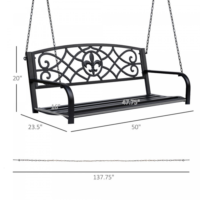 Outsunny 50\"l Steel Porch Swing Fleur-de-lis Patio Swing Chair Hanging Bench Outdoor 2-person Glider Chair Seat W/ Chain Antique Style Black