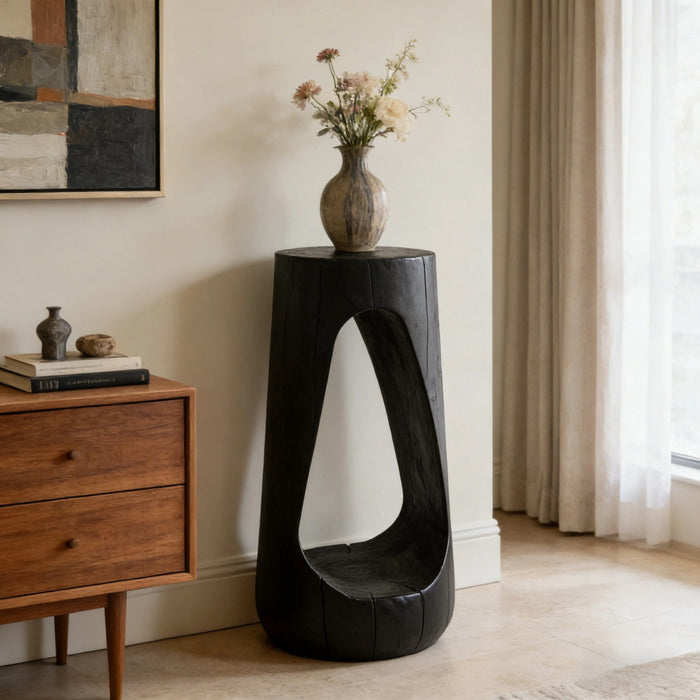 Brio 26.57\" Rustic Tree-Stump MGO Accent Table, Unique Wood Grain Indoor Side Table, Black