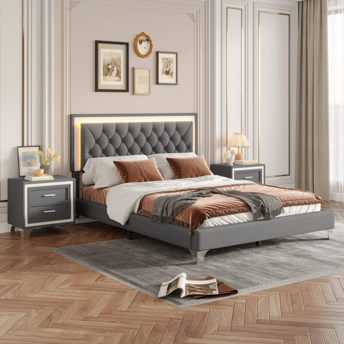 Sophia 3 Piece Velvet Tufted Headboard Bedroom Set With Upholstered Bed And Led Lights,queen Size,grey Queen Bed