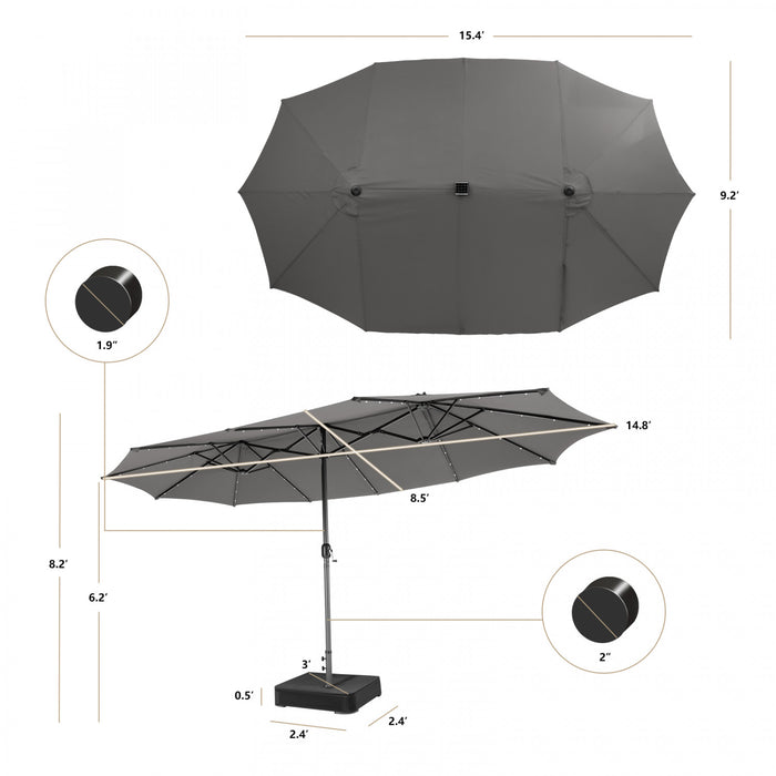 Costway 15Ft Patio Double-Sided Solar LED Market Umbrella Crank 36 Lights Base Grey
