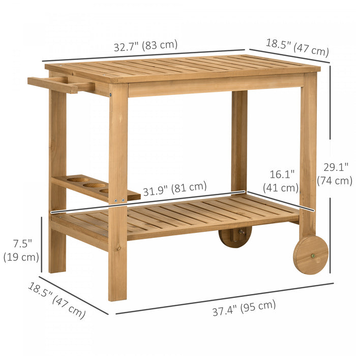 Outsunny Outdoor Bar Cart, Wood Rolling Home Bar & Serving Cart with 2 Shelves, Wine Bottle Holders for Garden, Dining Room, Natural