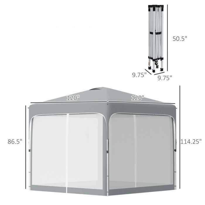 Outsunny 10' X 10' Pop Up Gazebo, Foldable Canopy Tent With Carrying Bag With Wheels, 4 Leg Weight Bags, Mesh Sidewalls And 3-level Adjustable Height For Outdoor Garden Patio Party, Grey