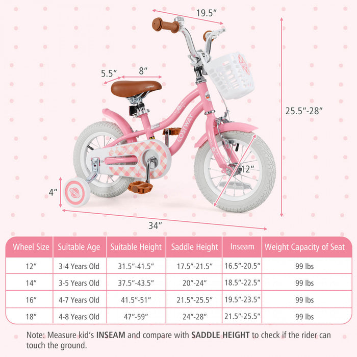 Costway 12\" Kid's Bike For 3-4 Years Old Children Bicycle With Front Handbrake Red