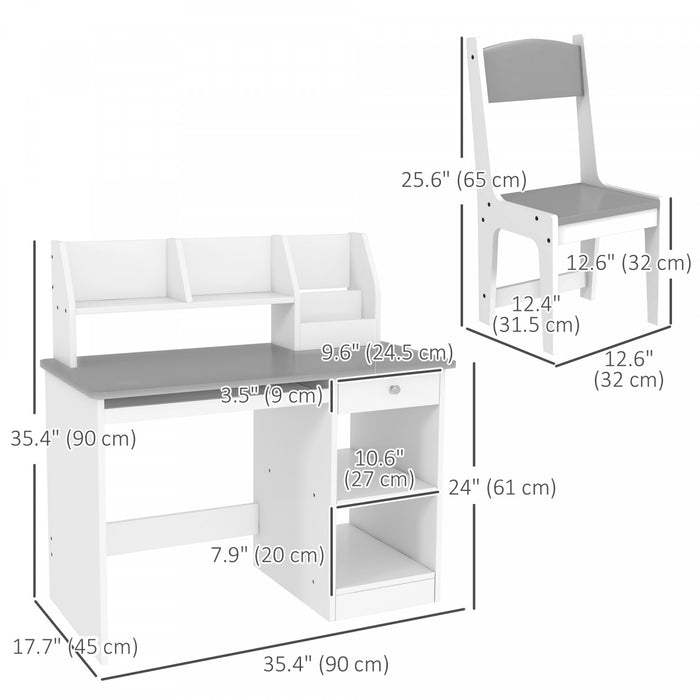 Qaba Kids Desk And Chair Set For 5-8 Year Old With Storage, Study Table And Chair For Children, Grey