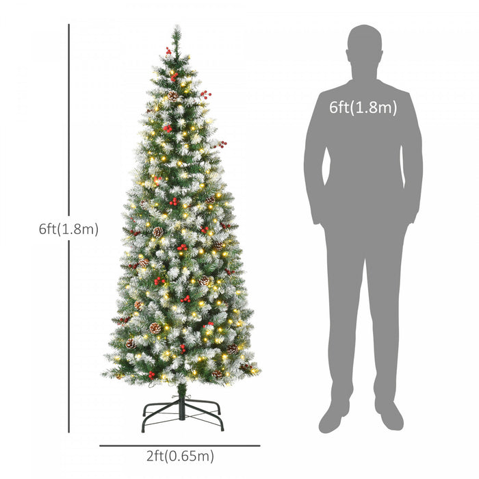 Homcom 6' Prelit Flocked Artificial Xmas Tree W/ Pine Cones, Berries