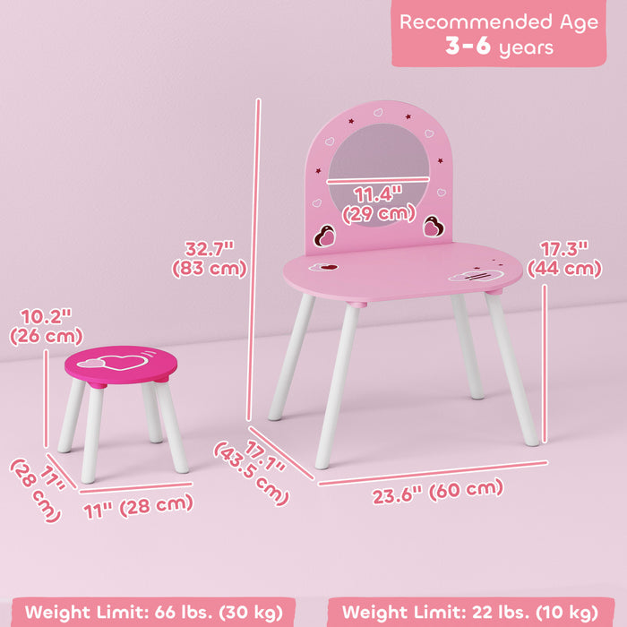 Qaba Kids Vanity Set with Mirror and Stool, Girls Dressing Table, Toddler Makeup Vanity Table with Heart Pattern for Bedroom, Nursery, for Ages 3-6, Pink