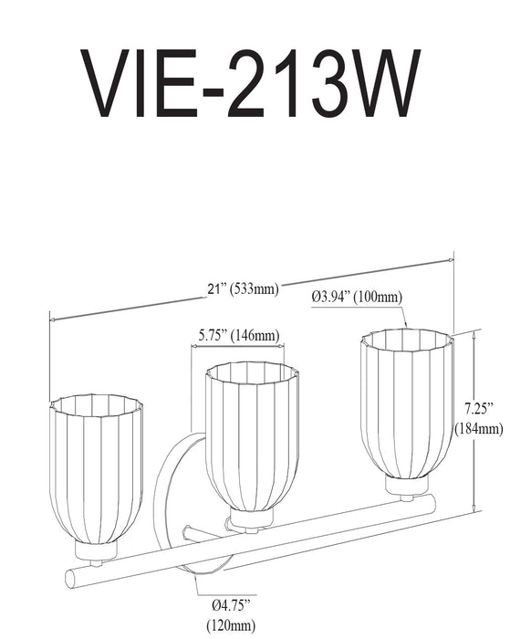 Dainolite Vienna 3 Light Incandescent Vanity Aged Brass Clear Ribbed Glass Lamp