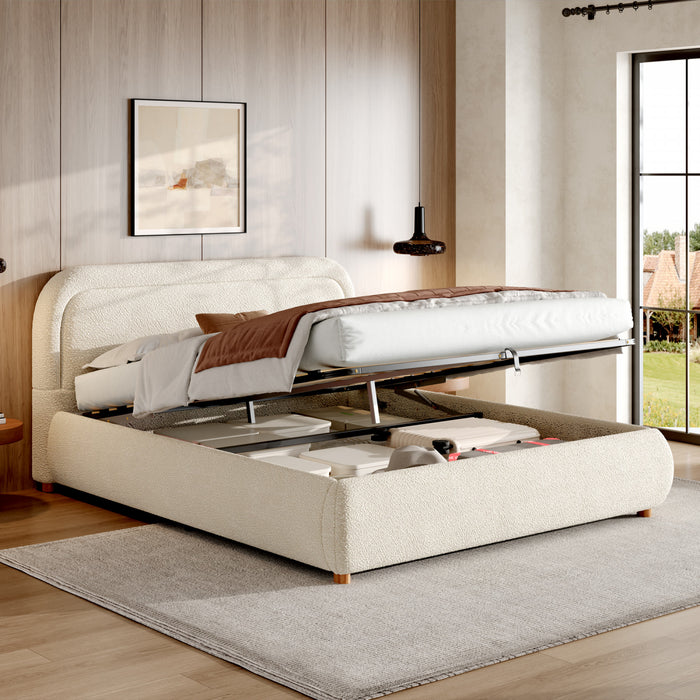 Sophia Space-Saving Hydraulic Lift Storage Platform Bed with Boucle Upholstery,Queen Size,Beige Queen Bed