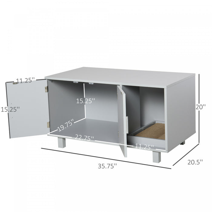 Pawhut Wooden Cat Washroom Pet Litter Box Enclosure Kitten House Nightstand End Table With Scratcher Magnetic Doors Grey