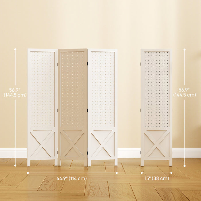 HOMCOM 56.9\" 3 Panel Room Divider with Pegboard Display for Indoor White