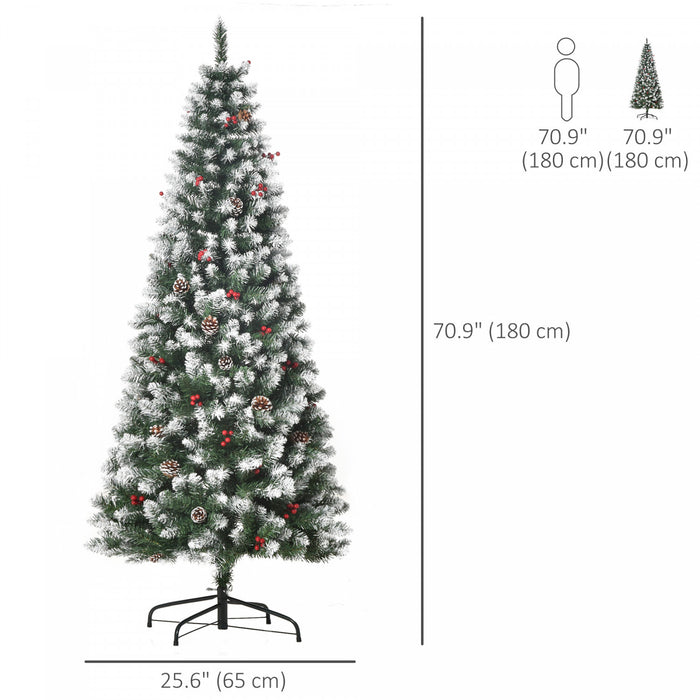 Homcom Flocked Pencil Christmas Tree With Red Berries, Pine Cones, Green