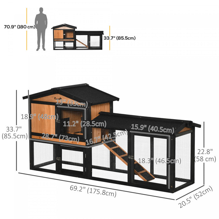 Pawhut 69\" Wooden Rabbit Hutch, Bunny Cage With Run Box, Slide-out Tray, Ramp, Waterproof Roof For Rabbits, Guinea Pig Cage And Small Animals, For Indoor Outdoor, Black