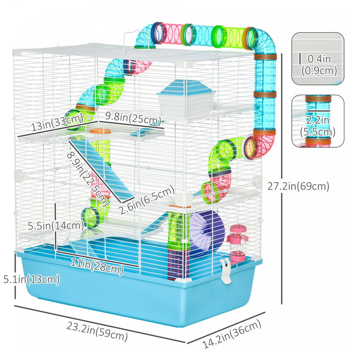 Pawhut 23\" Large Hamster Cage, Small Animal House, 5-level Gerbil Haven, Tunnel Tube System, With Water Bottle, Exercise Wheel, Food Dish, Ramps, 2 Doors, Light Blue