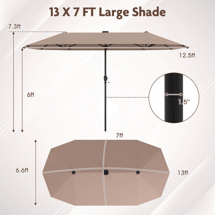 Costway 13 FT Large Patio Umbrella with LED Solar Lights Crank Handle 12 Heavy-Duty Ribs Brown