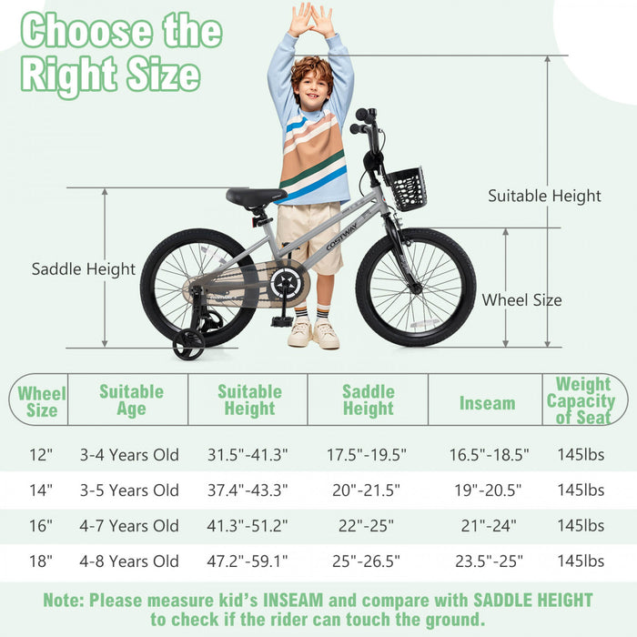 Costway 16\" Kid's Bike With Training Wheels Adjustable Handlebar & Seat Handbrake Silver