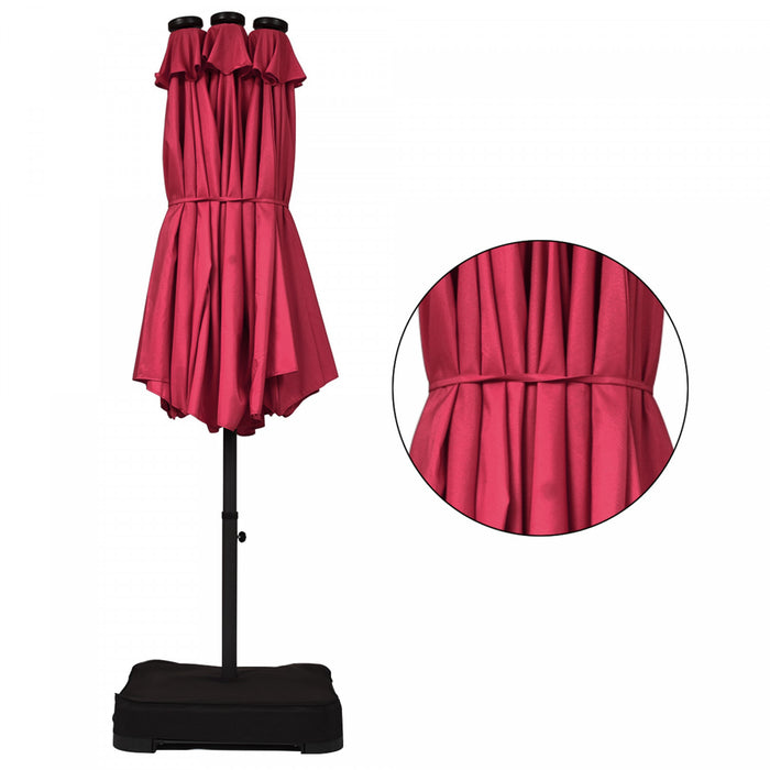Costway 15Ft Patio Double-Sided Solar LED Market Umbrella Crank Base Burgundy