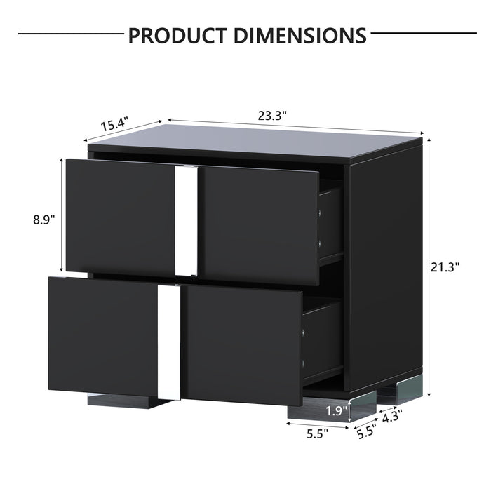 Nova Elegant Nightstand with Metal Foot and Mirrored Drawers, Black