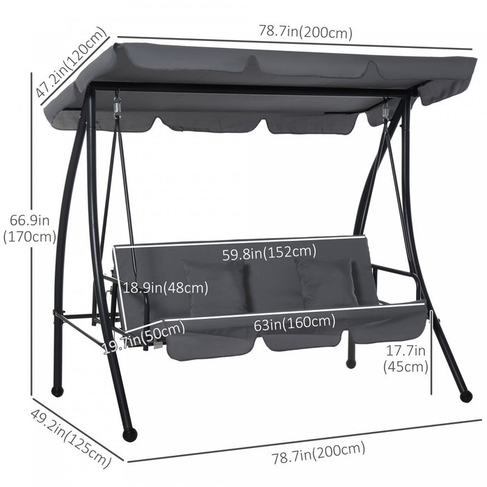 Outsunny Patio Swing Chair, 3 Person Convertible Hammock, Outdoor Lounge Bed, Cushioned With Tilt Canopy, Dark Grey