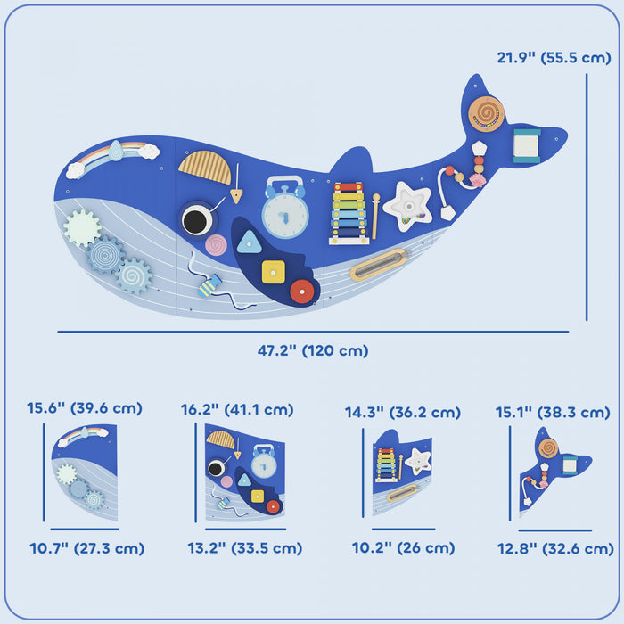 Qaba Whale Activity Wall Busy Board, 13 in 1 Montessori Sensory Wall Panel, Learning Activity Center for Toddler Playroom Nursery, Educational Toys for Boys Girls 2+, Blue