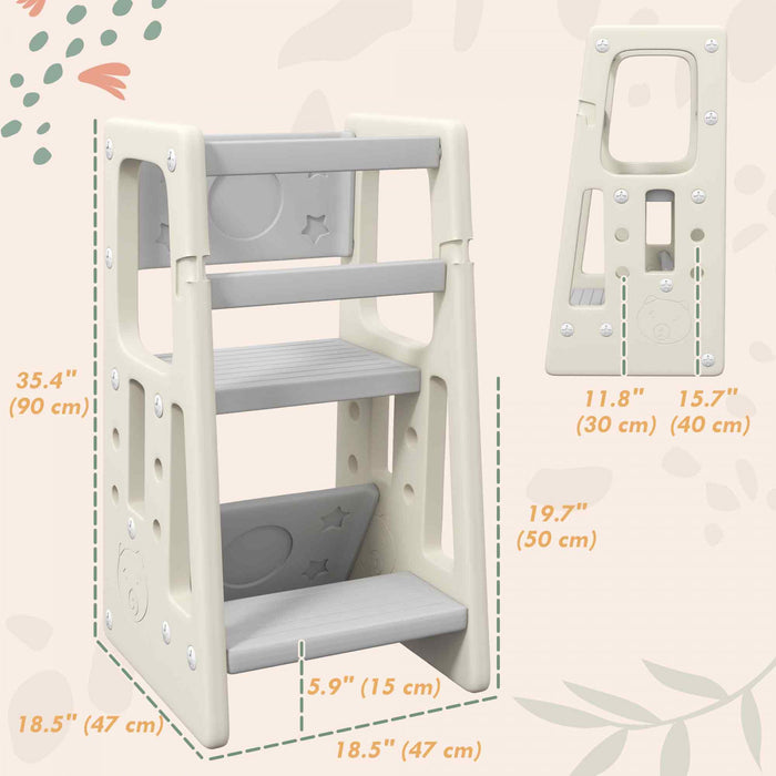 Qaba Toddler Kitchen Helper 2 Step Stool With Adjustable Height Platform And Safety Rail, Cream White