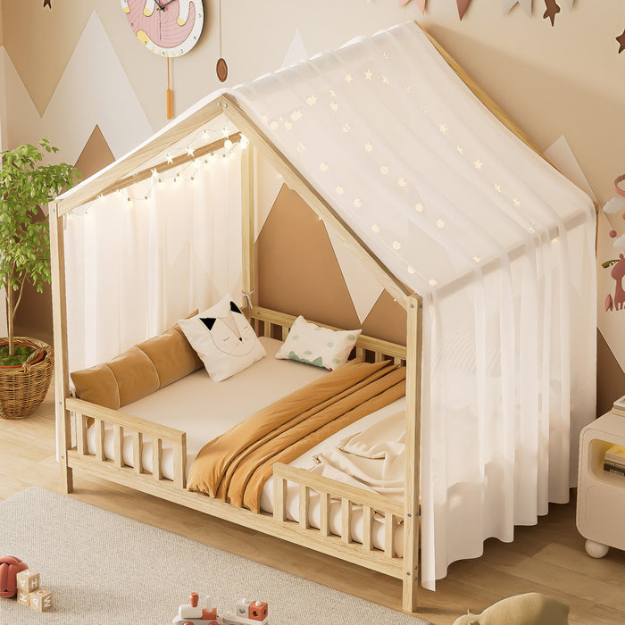 Paul Montessori Floor Bed with Canopy and High Railings,Full Size, Natural Full Bed