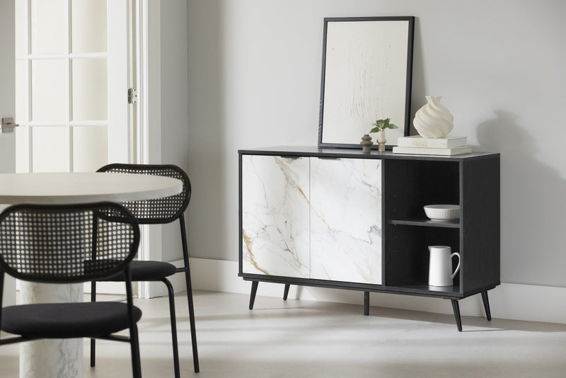 Mezzy 2-door Sideboard With Open Storage - Black Oak And Faux White Marble 