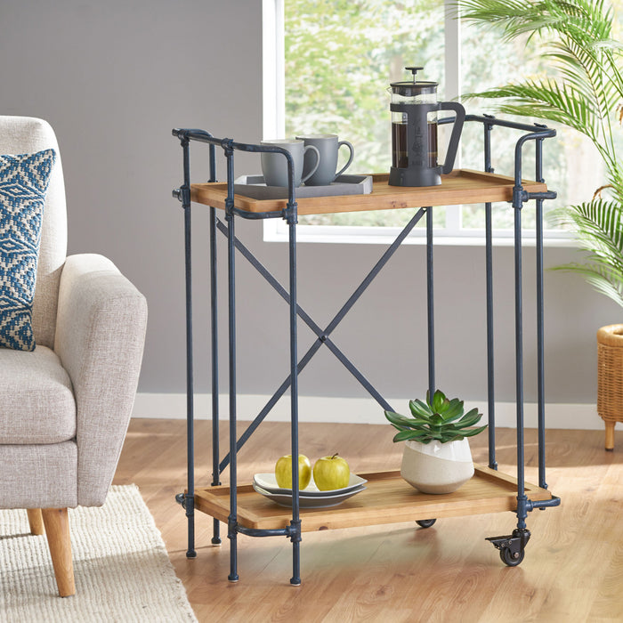 Daniel Wood And Metal Bar Cart With 2-tier Mobile Serving Storage, Antique Black