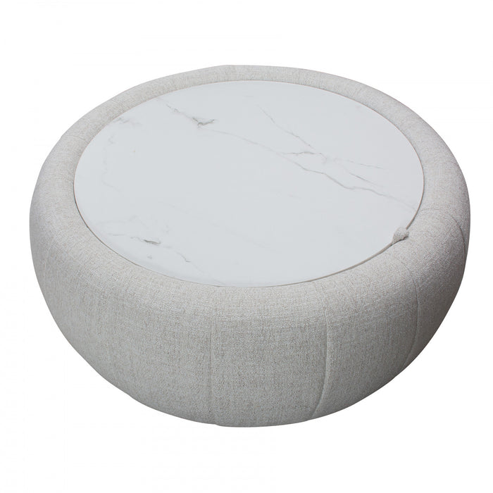 Demi Round Upholstered Storage Ottoman with Faux-Marble Tray Top and Hidden Storage - Cream