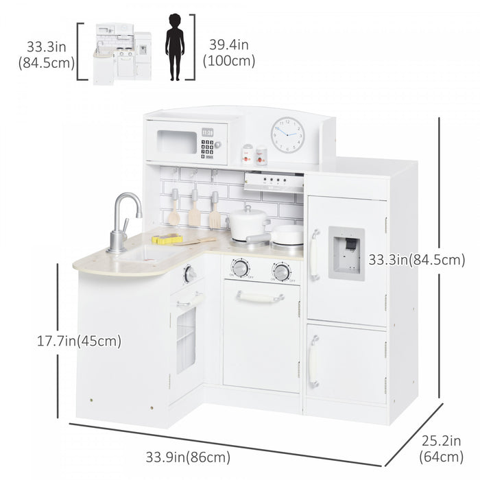 Qaba Kids Kitchen Play Cooking Toy Set For Children With Drinking Fountain, Microwave, And Fridge With Accessories - White