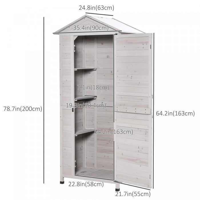 Outsunny 36\" X 25\" X 79\" Outdoor Wooden Garden Shed, 4 Tiers Tool Shed Organizer With 3 Shelves, Handle, Tin Roof, Magnetic Latch, Foot Pad For Garden, Patio, Light Grey