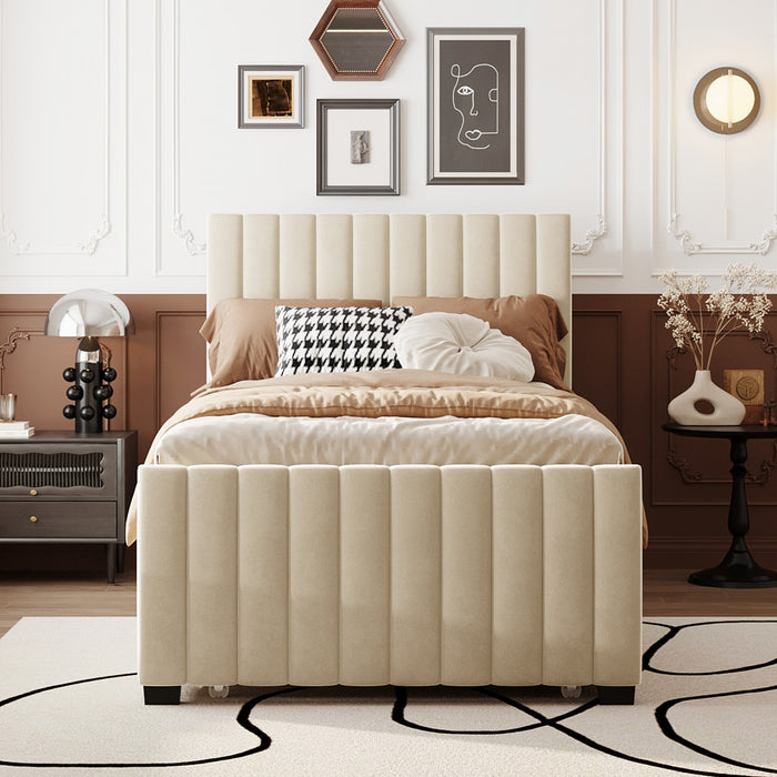 Ethan Space-Saving Velvet Upholstered Platform Bed with Trundle,Twin Size,Beige Twin Bed
