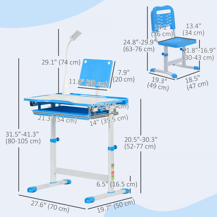 Qaba Kids Desk And Chair Set Height Adjustable Student Writing Desk Children School Study Table With Tilt Desktop, Led Lamp, Pen Box, Drawer, Reading Board, Cupholder, Blue