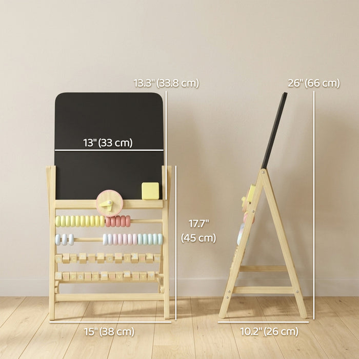 Qaba Art Easel for Kids, Wooden Standing Kids Easel with Double-Sided Chalkboard, Clock, Abacus, Blackboard Eraser for Painting, Early Learning, for Ages 2+, Natural Wood