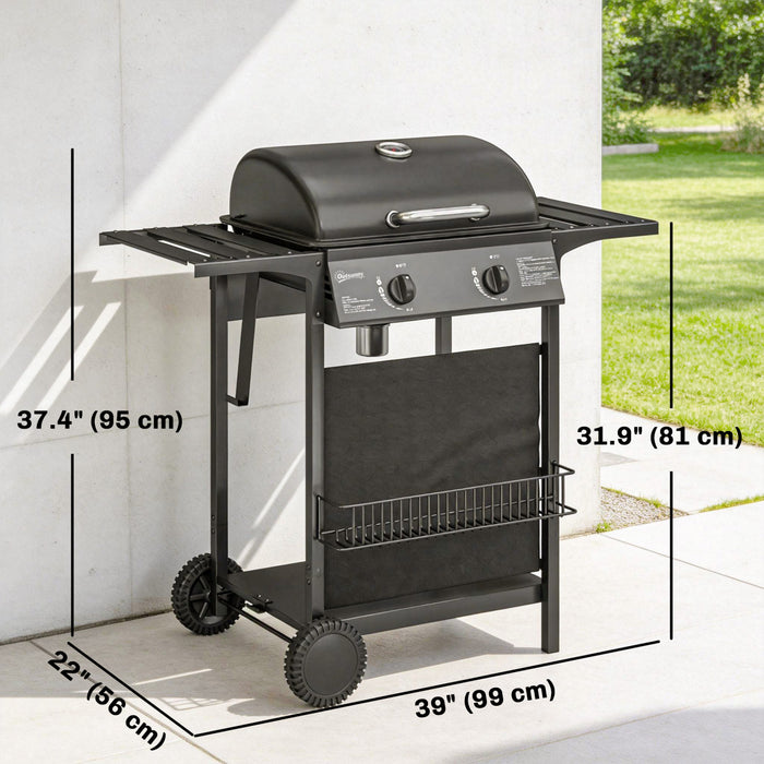 Outsunny 2-Burner Propane Gas Grill, 18000 BTU Outdoor BBQ Grill with Warming Rack, Shelf, Thermometer, Grease Cup, Barbeque for Backyard Patio, Black