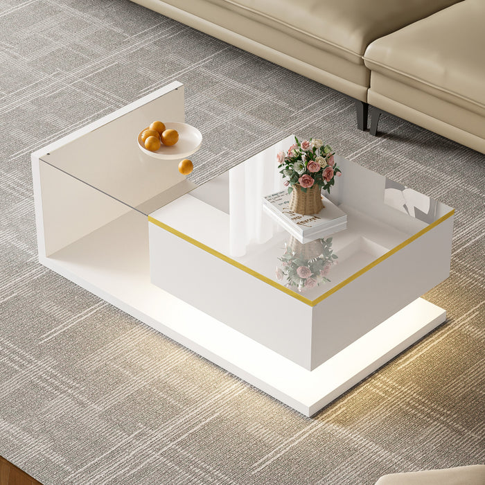 Ethan High-Gloss 35.4\" Long Coffee Table with Glass and LED Effect,White