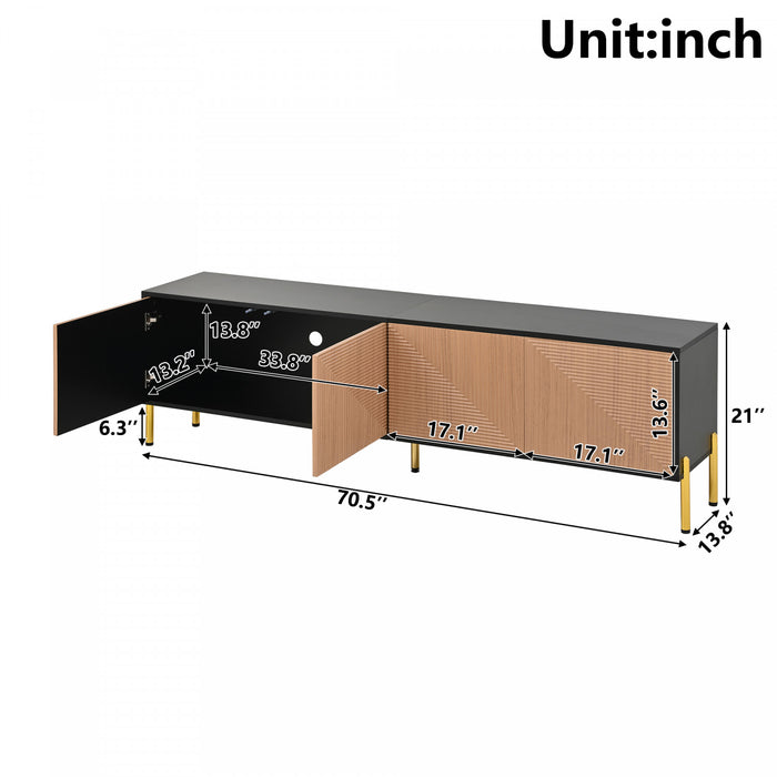 Arcadia 70.5 Inch Modern TV Cabinet with Textured Doors and Gold Legs, Black/Wood