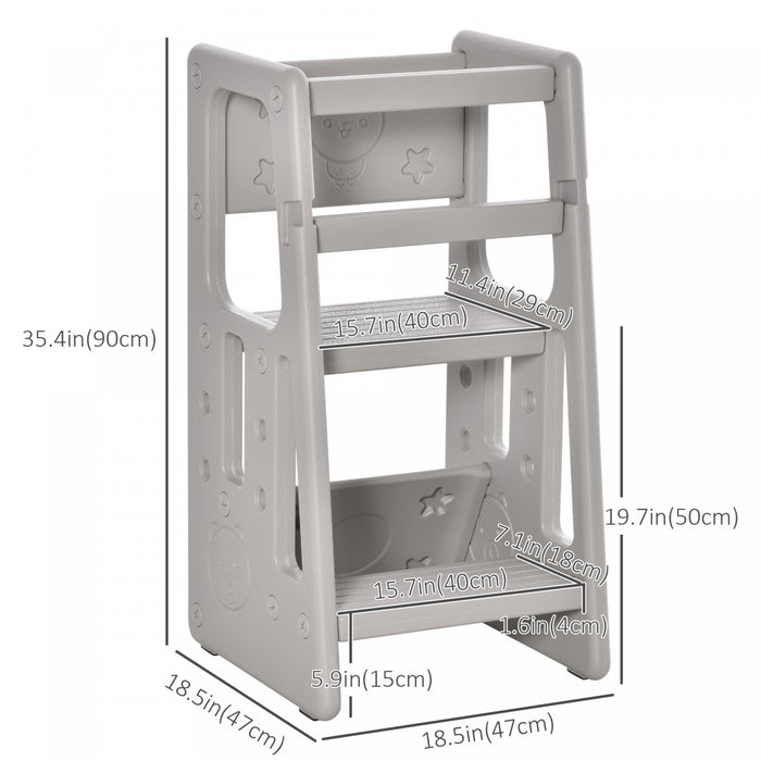 Qaba Toddler Kitchen Helper 2 Step Stool With Adjustable Height Platform And Safety Rail, Grey