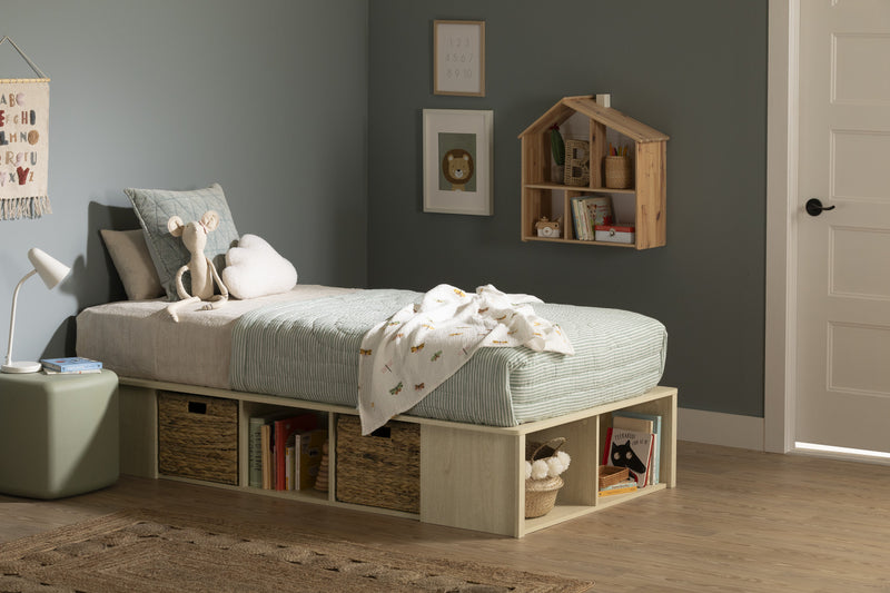 Avilla Storage Platform Bed With Wicker Baskets - Bleached Oak 